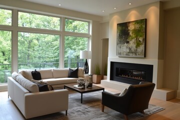 Fototapeta premium Modern living room, fireplace, large windows, forest view, home design.