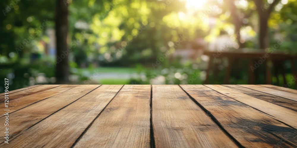 Poster wooden tabletop in sharp focus with blurred vibrant green trees and soft sunlight in the background 