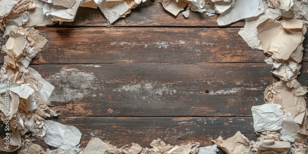 Aufkleber tattered shredded paper in beige and white arranged in a circular frame on a rustic wooden backdrop 