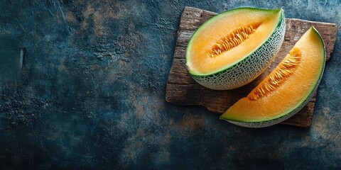 Freshly cut Charente melon halves on rustic wooden board against dark textured background showcasing vibrant orange flesh and green rind colors.