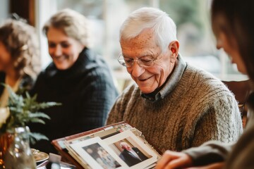 Senior man smiling while reminiscing over cherished family memories in a photo album, enjoying moments of togetherness and love