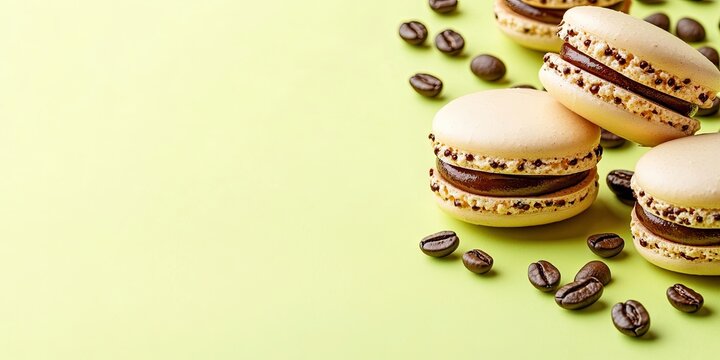 Luxurious chocolate and lemon macarons arranged on a soft yellow-green background with scattered coffee beans for dessert and confectionery themes. - Powered by Adobe