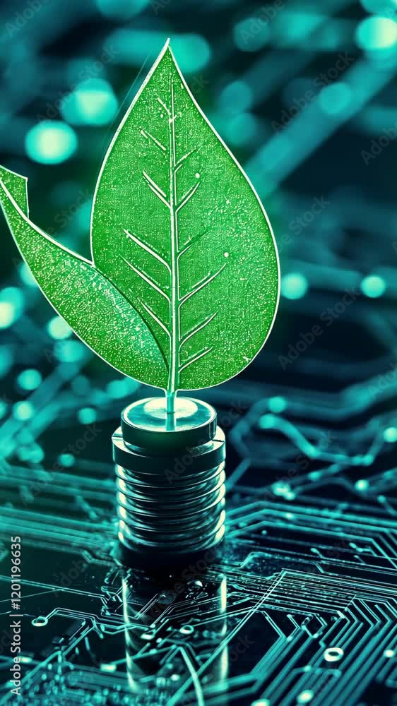 Poster modern technology intertwines with nature through a green leaf emerging from a circuit board
