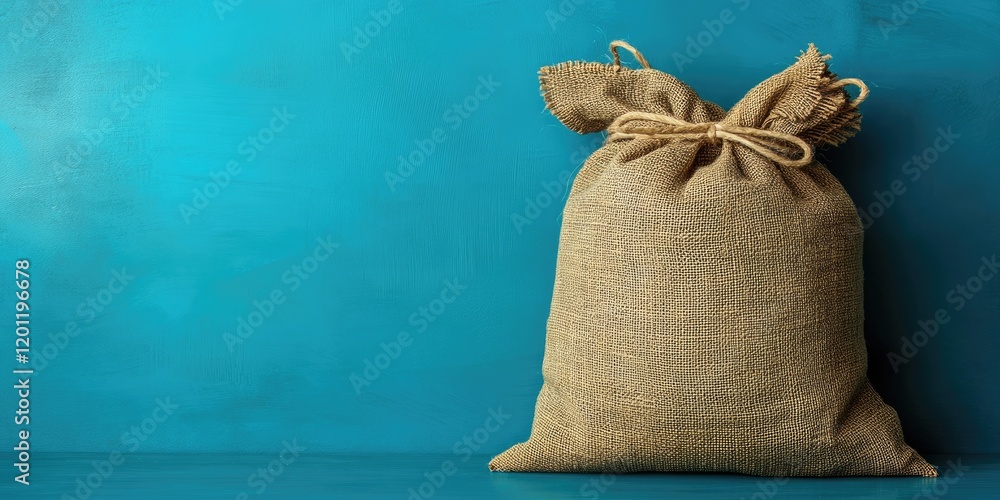 Poster burlap bag positioned on a vibrant blue backdrop with ample empty space around it creating a minimal