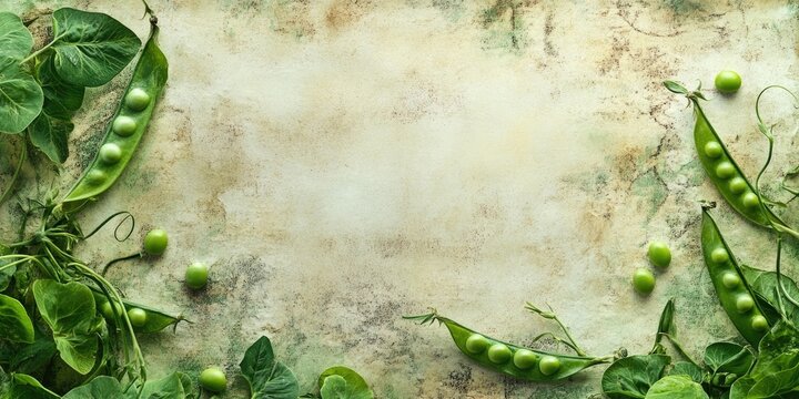 Textured background with aged paper and vibrant green pea pods positioned on a faded earthy surface creating a natural and organic feel