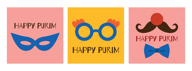 Purim holiday concept, greeting card set. Clown nose, glasses, carnival mask. Bright vector illustration for your holiday.
