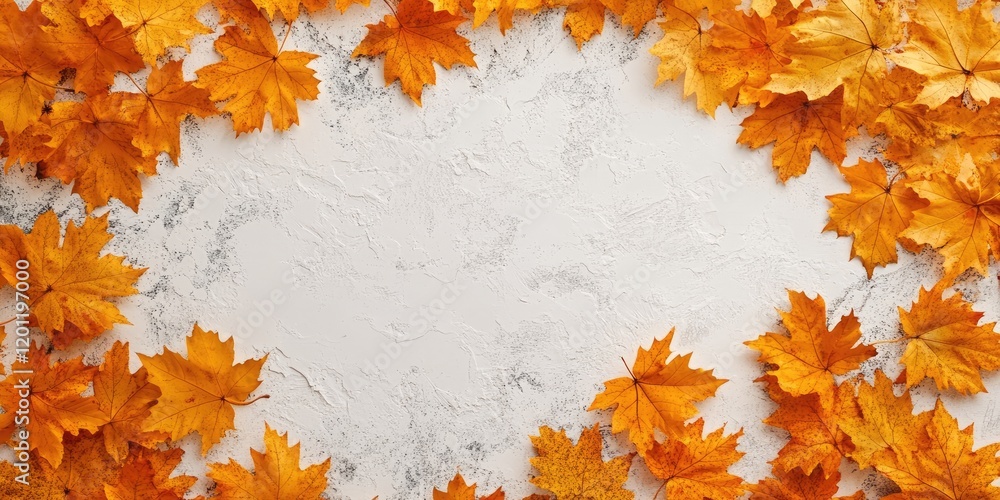 Poster golden maple leaves in autumn colors surrounding a textured white background with a flat lay arrange