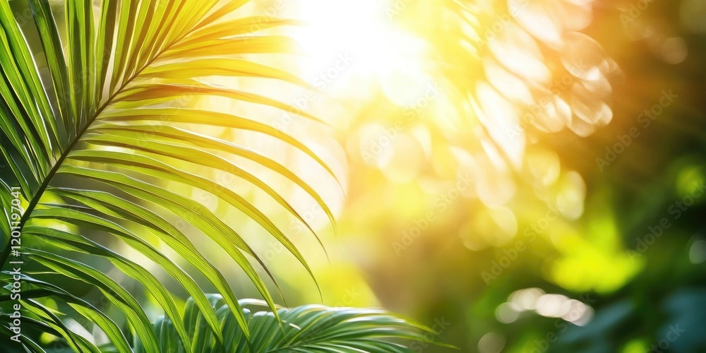Poster sunlight filtering through lush green palm leaves with a warm golden glow illuminating the scene in 