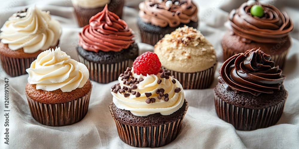 Poster assorted cupcakes in various flavors arranged on light beige table linens with chocolate, vanilla, a