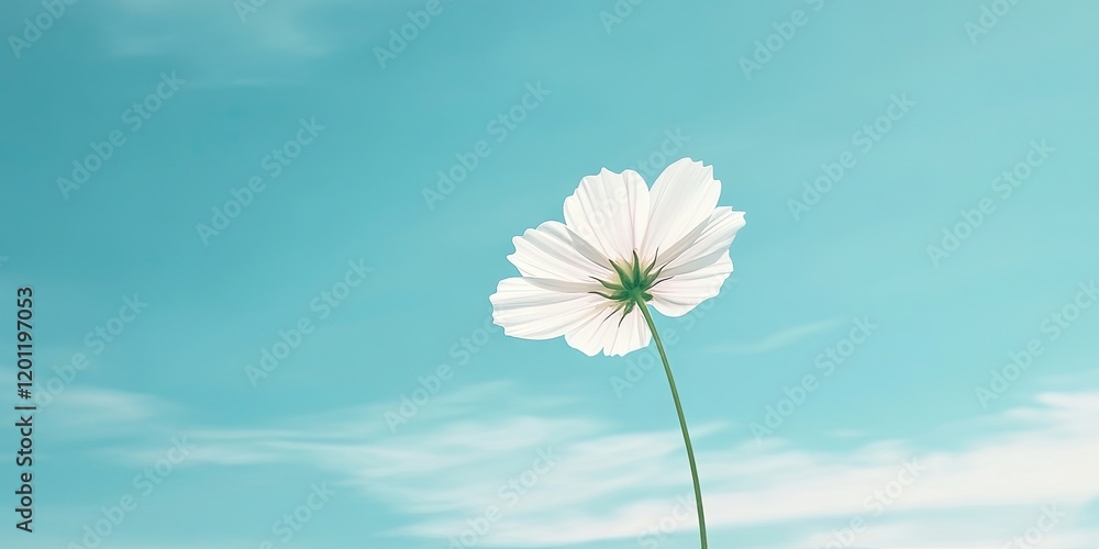Poster minimalist image of a white cosmos lily standing tall against a soft aqua sky with gentle clouds cre