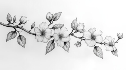 Monochrome sketch of delicate cherry blossom branch with flowers and buds.