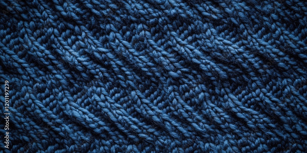Poster dark blue knitted fabric texture with a zigzag pattern, aerial view highlighting a soft background, 