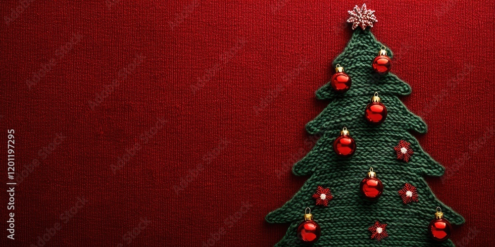 Poster handmade green knitted christmas tree on a vibrant red gradient backdrop with ample blank space for 