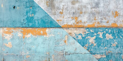 Faded blue and orange abstract cement wall with textured patterns diagonal split showcasing weathered paint and aged surfaces in urban style