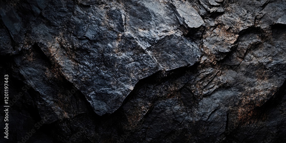 Poster dark textured rock surface with jagged edges and deep shadows, predominantly black with hints of gra