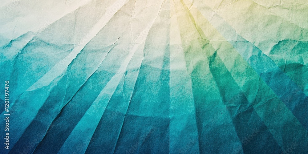 Poster abstract textured background with gradient shades of blue to green, featuring soft rays of light ema