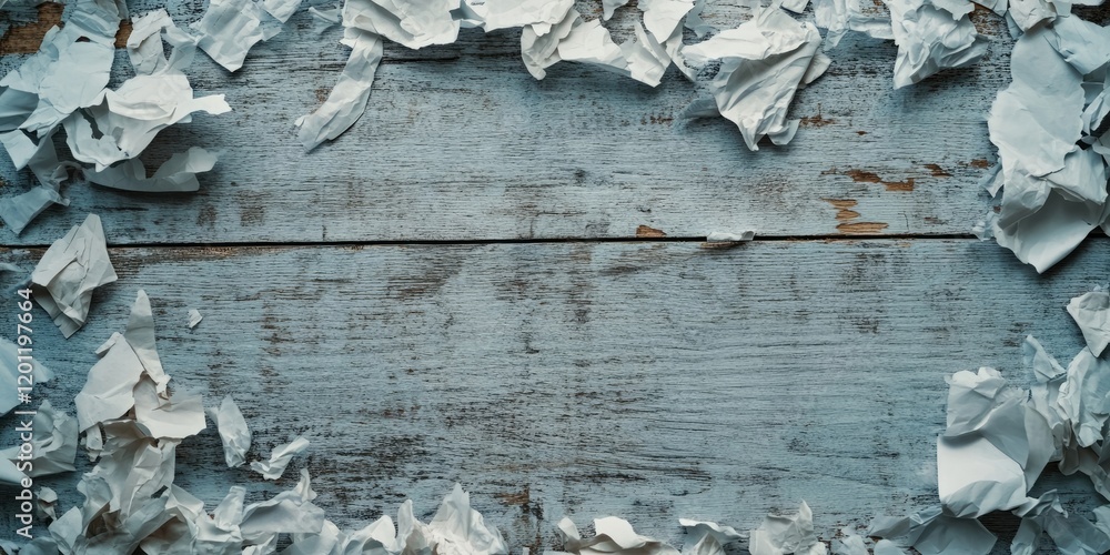 Poster tattered white paper pieces scattered around a rustic weathered blue wooden surface creating a textu