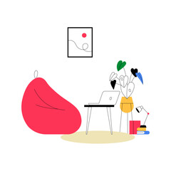 Cozy Workspace With Laptop, Bean Bag, And Houseplants In Flat Vector Illustration Symbolizing Remote Work, Home Office, And Productivity, Isolated On White Background