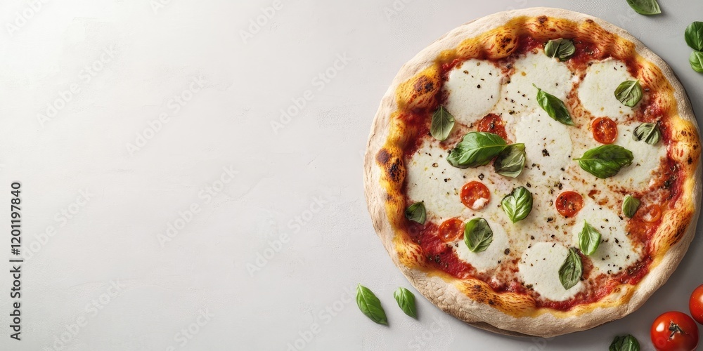 Poster margherita pizza garnished with fresh basil and cherry tomatoes on a light grey table top view with 
