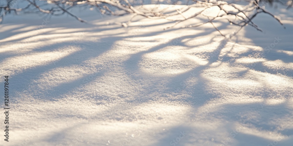 Poster sunlit snow with soft shadow patterns and a blurred texture in warm white tones, showcasing intricat