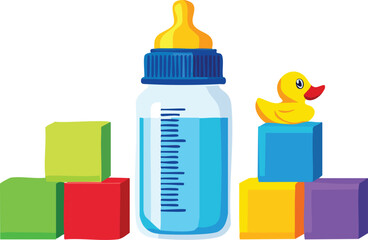 Fototapeta premium Baby care Vector illustration of pediatric or Concept from: pacifier, powder, shampoo, milk in a jar and a toy.