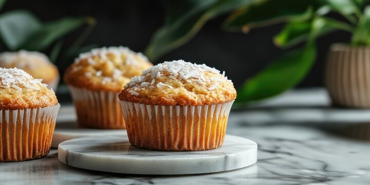 Homemade coconut cinnamon muffin on marble coaster with green plants in background showcasing healthy food aesthetics and natural textures