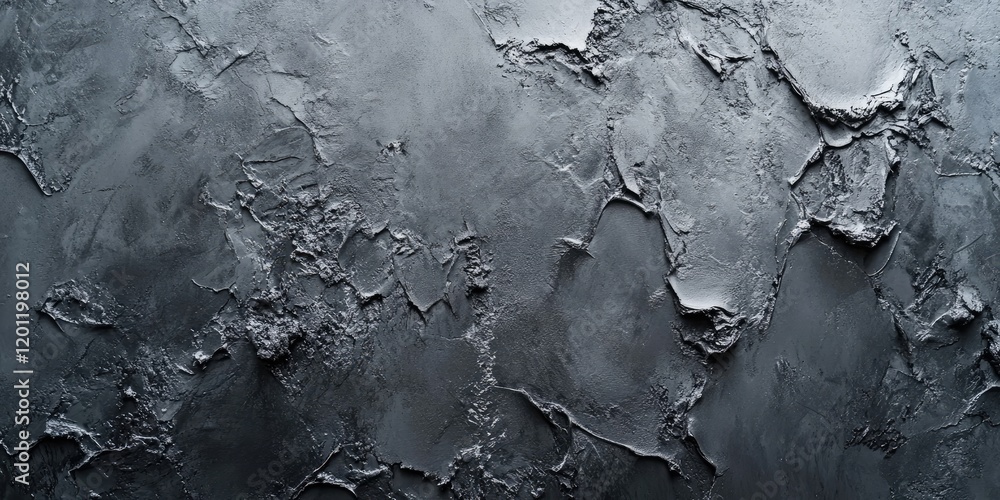 Poster gray abstract texture of decorative plaster with rough, uneven surface patterns; deep shades of gray