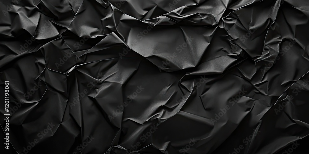 Aufkleber deep black crumpled satin paper texture with intricate folds creating a dramatic backdrop showcasing