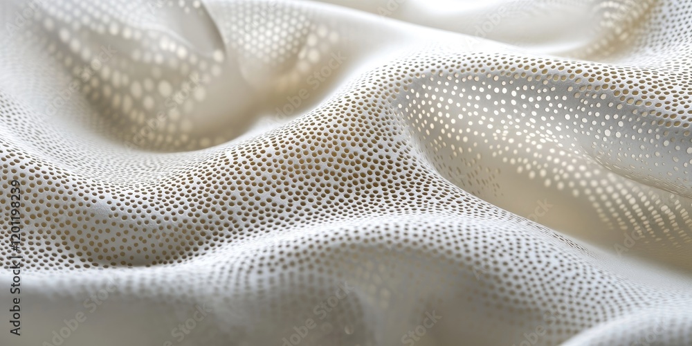 Poster perforated white fabric with embossed patterns softly illuminated, showcasing a delicate texture and