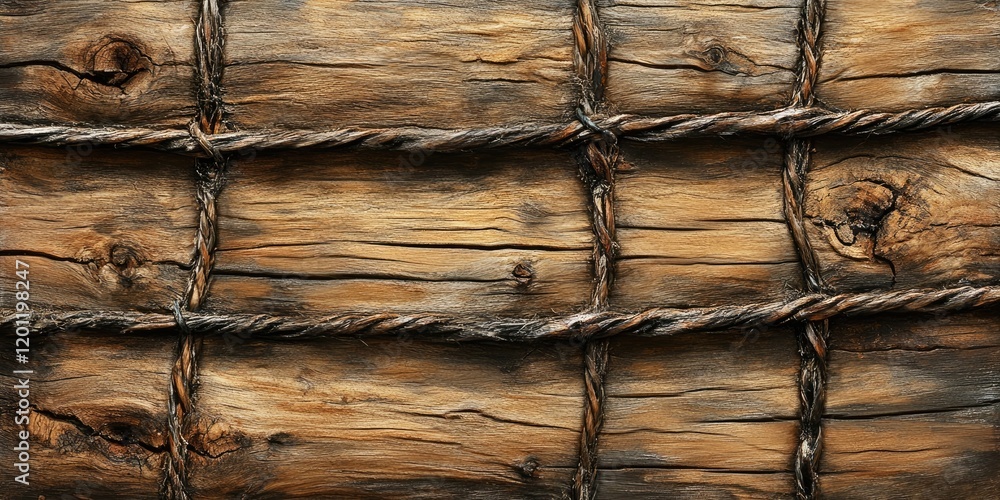 Poster rustic wooden backdrop with weathered brown planks and intertwined dark rope, featuring horizontal a