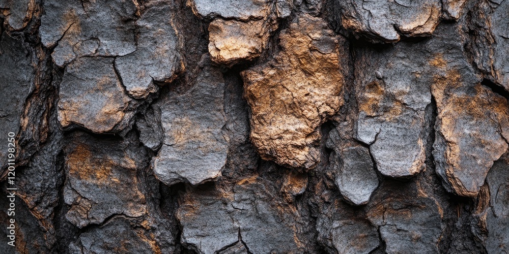 Poster dark textured background of tree bark with deep grooves and patches of brown hues creating a rustic 