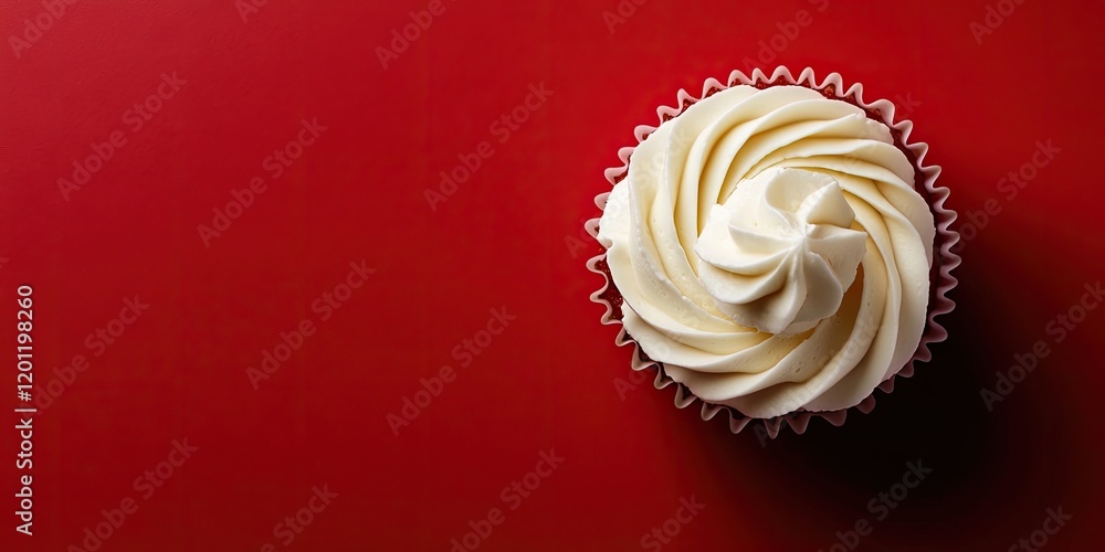 Poster vibrant cream-topped cupcake on a rich red background viewed from above with ample space for text fe