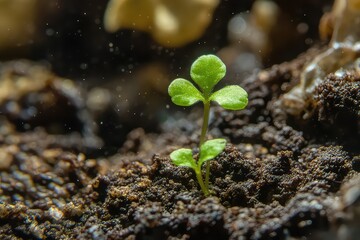 A macro shot of a young green seedling in moist dirt, with tiny leaves full of life and energy.