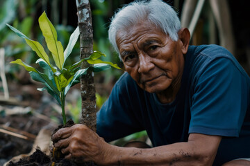 Elderly farmer planting a small tree in the Amazon rainforest, contributing to reforestation and environmental conservation