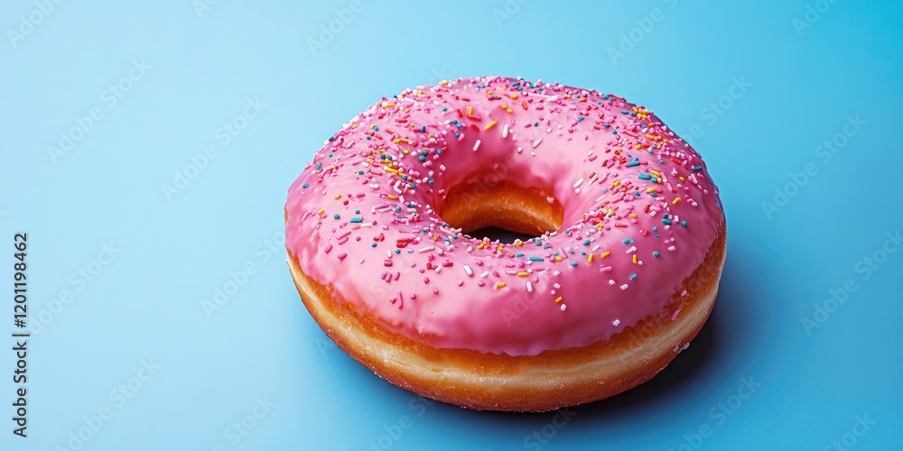 Poster pink frosted donut with colorful sprinkles positioned center on a soft blue background creating a vi