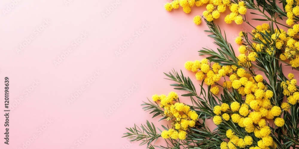 Poster Flat lay of vibrant mimosa flowers in yellow arranged on the right against a soft pink backdrop, creating ample negative space for text.