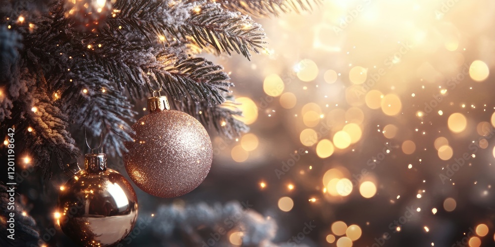 Aufkleber festive holiday background with golden ornaments on a snow-dusted pine tree and soft bokeh lights cr