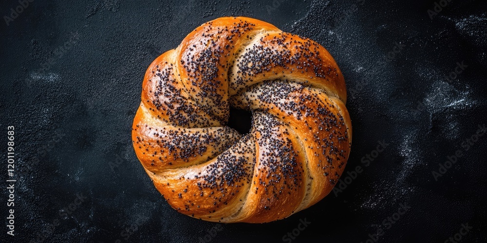 Poster twisted pastry bun with golden-brown crust and poppy seeds centered on a dark textured surface viewe