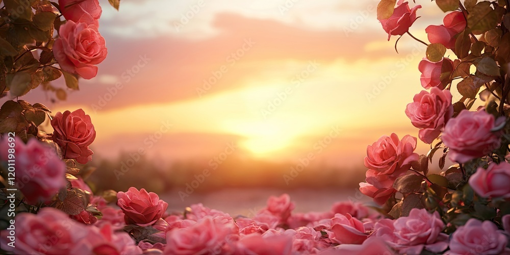 Poster sunset backdrop with pink roses framing the scene on the bottom and sides creating ample copy space 