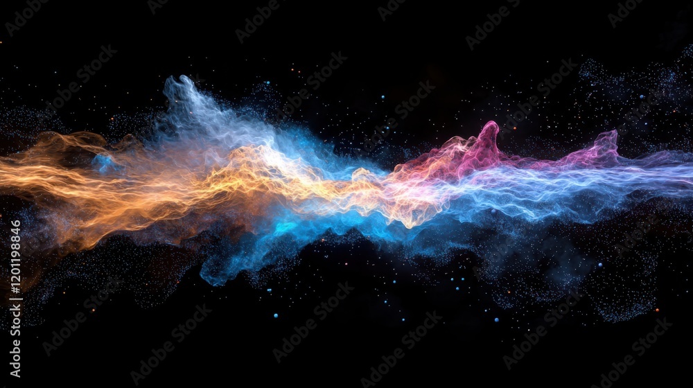 Poster dynamic digital data streams flowing through space abstract visualization colorful particles cosmic 