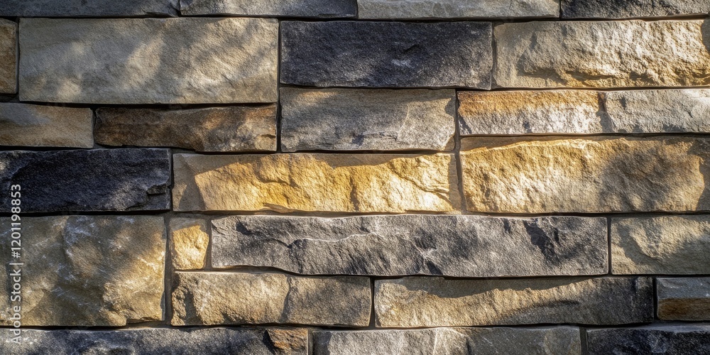 Poster tan and black stone wall corner illuminated by sunlight creating shadows enhancing texture with a wa