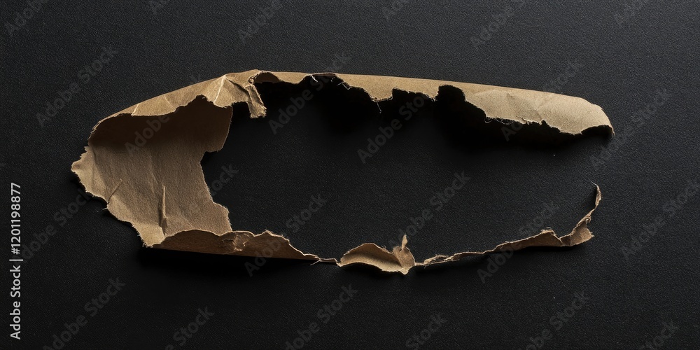 Poster tattered brown paper with a jagged hole positioned centrally on a smooth black background creating a