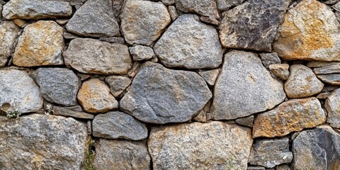 Obraz premium Textured stone wall featuring irregularly shaped gray and tan stones arranged closely together with earthy tones predominating throughout the surface.