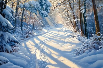 Obraz premium A magical woodland path blanketed with snow, with sunlight casting long shadows.
