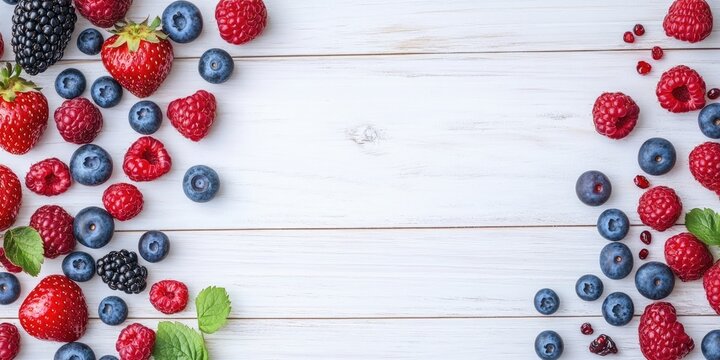 Vibrant assortment of fresh berries including strawberries, raspberries, blueberries, and blackberries on a white wooden surface arranged symmetrically