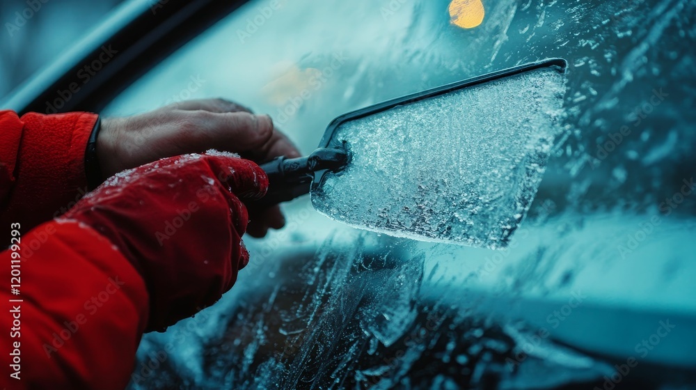 Poster hands scrape ice from a vehicle windshield with tool.
