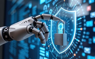 A robotic hand reaches out to grasp a golden padlock, symbolizing the concept of cybersecurity and data protection in the digital age.