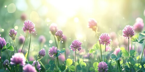 Bright sunny meadow filled with blooming purple clover flowers surrounded by green leaves with a soft bokeh effect and gentle sunlight shining through.