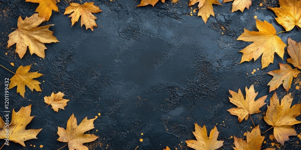 Poster golden maple leaves scattered on a textured dark blue background with a flat lay arrangement creatin