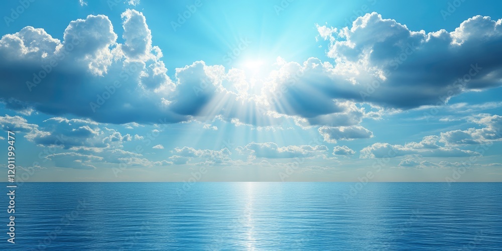 Aufkleber serene ocean scene with sunlight filtering through soft clouds against a vibrant blue sky creating a